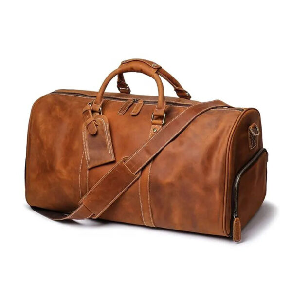 the leather weekender bag with shoe compartment side view